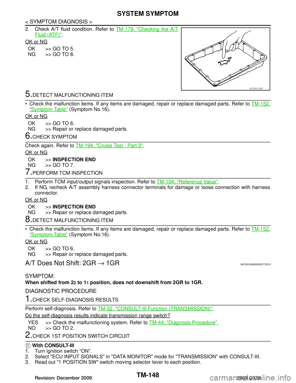 INFINITI QX56 2009 Factory Service Manual
TM-148
< SYMPTOM DIAGNOSIS >
SYSTEM SYMPTOM
2. Check A/T fluid condition. Refer to TM-179, "Checking the A/T
Fluid (ATF)".
OK or NG
OK >> GO TO 5.
NG >> GO TO 8.
5.DETECT MALFUNCTIONING ITEM
Check INFINITI QX56 2009 Factory Service Manual
TM-148
< SYMPTOM DIAGNOSIS >
SYSTEM SYMPTOM
2. Check A/T fluid condition. Refer to TM-179, "Checking the A/T
Fluid (ATF)".
OK or NG
OK >> GO TO 5.
NG >> GO TO 8.
5.DETECT MALFUNCTIONING ITEM
Check