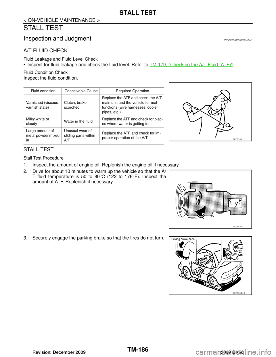 INFINITI QX56 2009  Factory Service Manual 
TM-186
< ON-VEHICLE MAINTENANCE >
STALL TEST
STALL TEST
Inspection and JudgmentINFOID:0000000003772024
A/T FLUID CHECK
Fluid Leakage and Fluid Level Check 
 Inspect for fluid leakage and check the f
