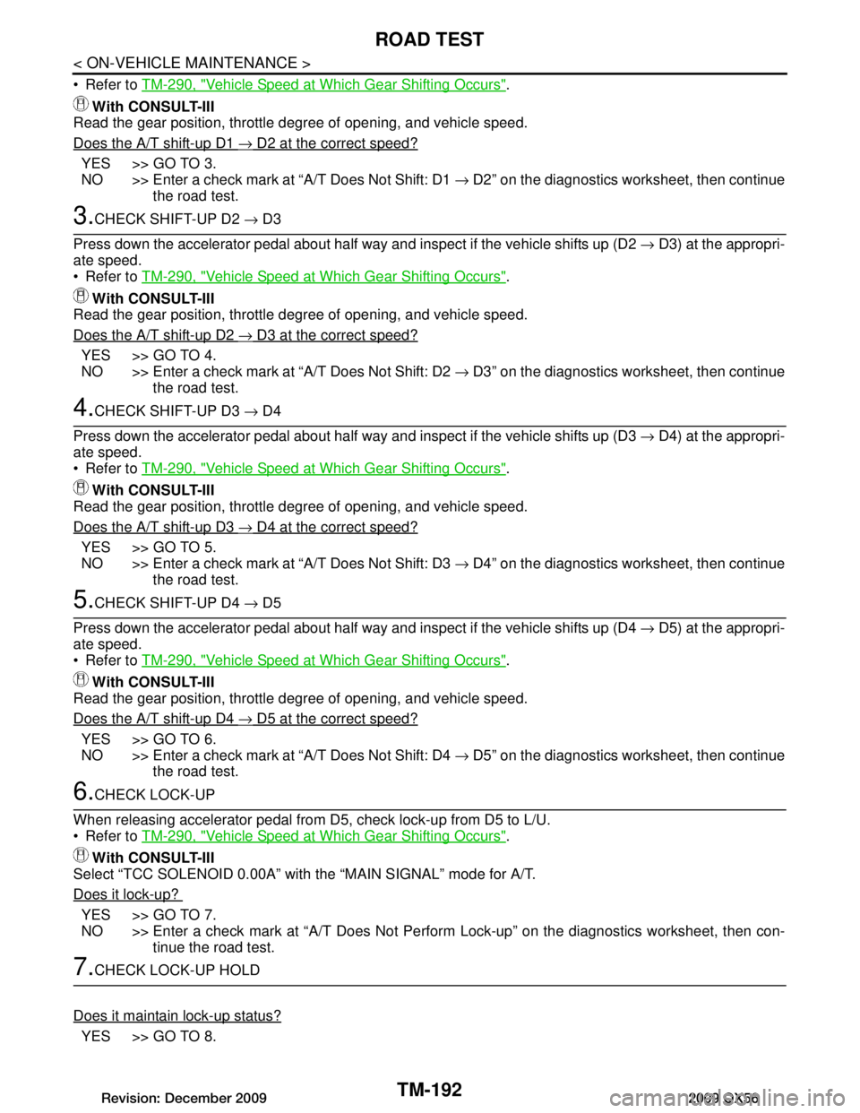 INFINITI QX56 2009  Factory Service Manual 
TM-192
< ON-VEHICLE MAINTENANCE >
ROAD TEST
 Refer to TM-290, "Vehicle Speed at Which Gear Shifting Occurs".
With CONSULT-III
Read the gear position, throttle degree of opening, and vehicle speed.
D