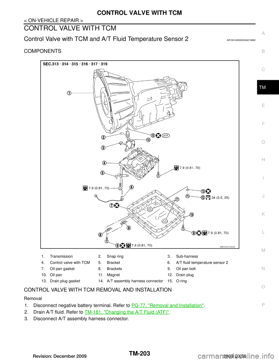 INFINITI QX56 2009  Factory Service Manual 
CONTROL VALVE WITH TCMTM-203
< ON-VEHICLE REPAIR >
CEF
G H
I
J
K L
M A
B
TM
N
O P
CONTROL VALVE WITH TCM
Control Valve with TCM and A/T  Fluid Temperature Sensor 2INFOID:0000000004219688
COMPONENTS
C