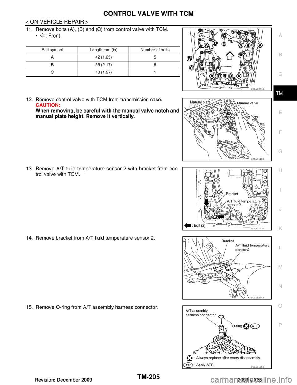 INFINITI QX56 2009  Factory Service Manual 
CONTROL VALVE WITH TCMTM-205
< ON-VEHICLE REPAIR >
CEF
G H
I
J
K L
M A
B
TM
N
O P
11. Remove bolts (A), (B) and (C) from control valve with TCM.  : Front
12. Remove control valve with TCM from trans