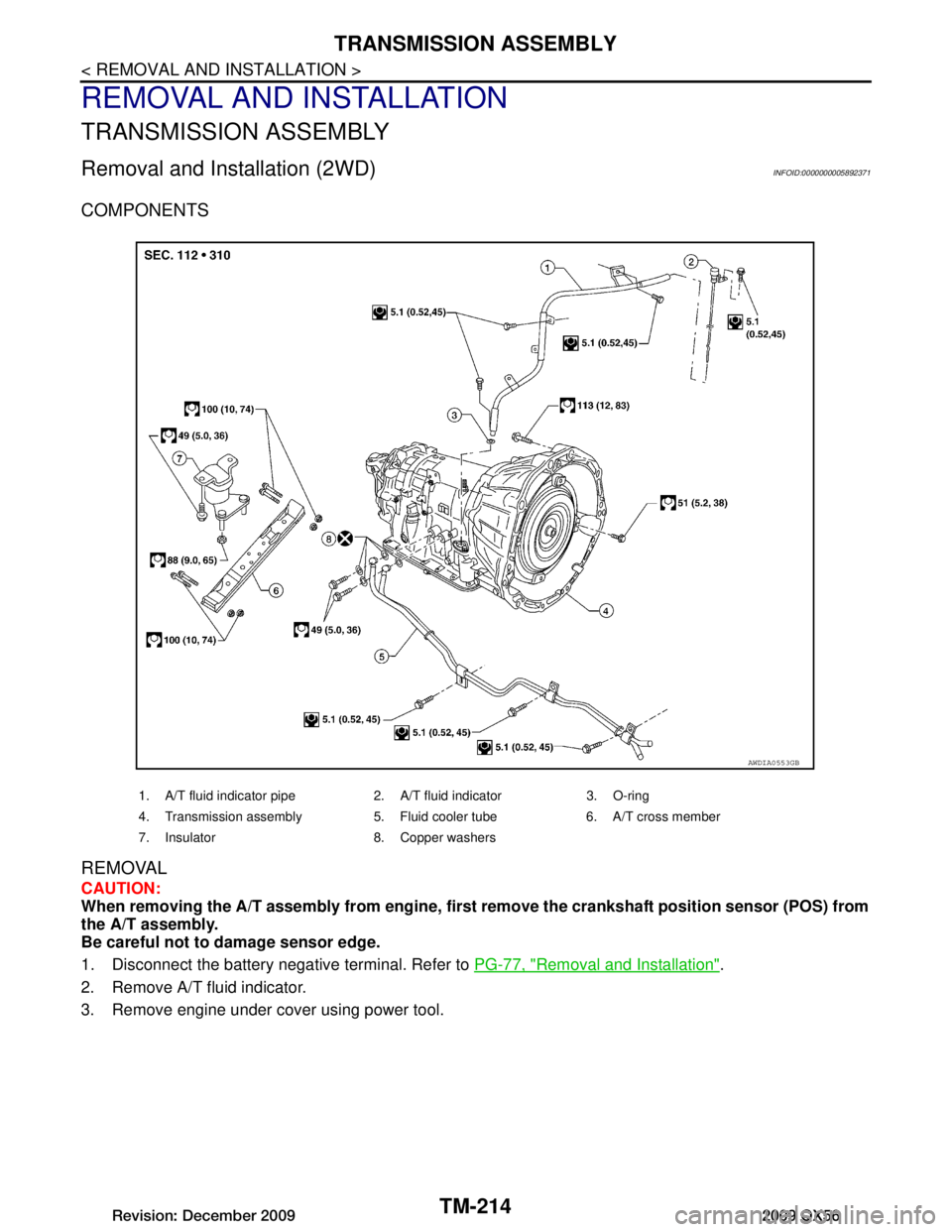 INFINITI QX56 2009  Factory Service Manual 
TM-214
< REMOVAL AND INSTALLATION >
TRANSMISSION ASSEMBLY
REMOVAL AND INSTALLATION
TRANSMISSION ASSEMBLY
Removal and Installation (2WD)INFOID:0000000005892371
COMPONENTS
REMOVAL
CAUTION:
When removin
