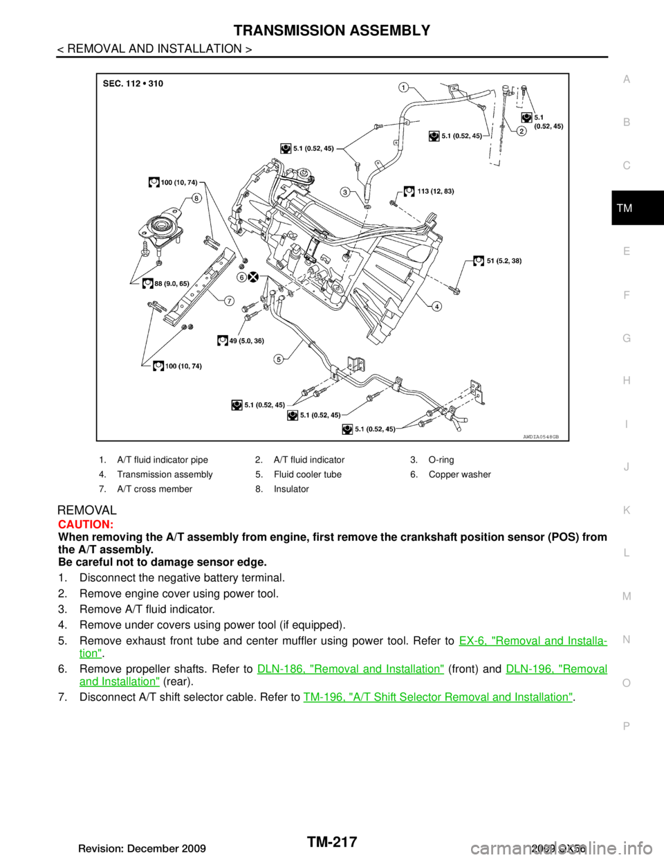INFINITI QX56 2009  Factory Service Manual 
TRANSMISSION ASSEMBLYTM-217
< REMOVAL AND INSTALLATION >
CEF
G H
I
J
K L
M A
B
TM
N
O P
REMOVAL
CAUTION:
When removing the A/T assembly from engine, firs t remove the crankshaft position sensor (POS)