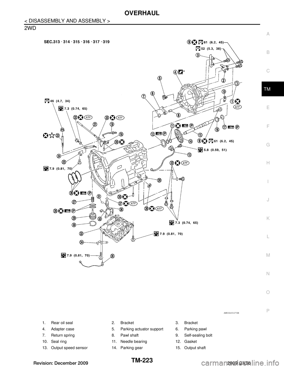 INFINITI QX56 2009  Factory Service Manual 
OVERHAULTM-223
< DISASSEMBLY AND ASSEMBLY >
CEF
G H
I
J
K L
M A
B
TM
N
O P
2WD 
1. Rear oil seal 2. Bracket 3. Bracket
4. Adapter case 5. Parking actuator support 6. Parking pawl
7. Return spring 8. 