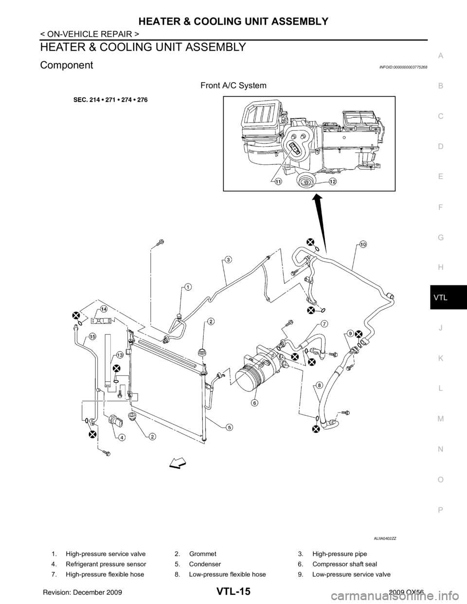 INFINITI QX56 2009  Factory Service Manual HEATER & COOLING UNIT ASSEMBLYVTL-15
< ON-VEHICLE REPAIR >
C
DE
F
G H
J
K L
M A
B
VTL
N
O P
HEATER & COOLING UNIT ASSEMBLY
ComponentINFOID:0000000003775268
Front A/C System
ALIIA0402ZZ
1. High-pressur