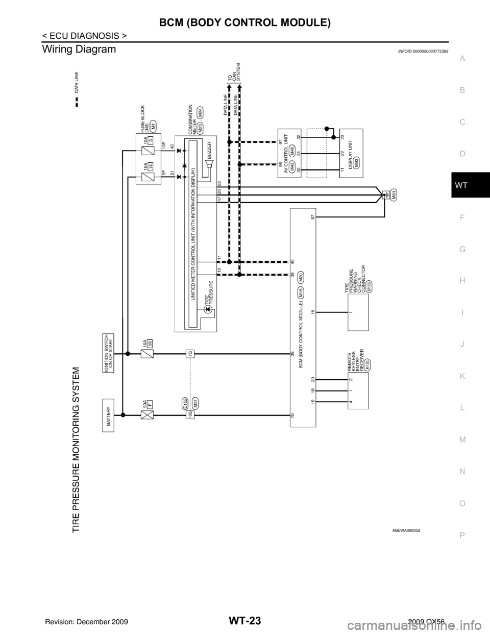INFINITI QX56 2009  Factory Service Manual BCM (BODY CONTROL MODULE)WT-23
< ECU DIAGNOSIS >
C
DF
G H
I
J
K L
M A
B
WT
N
O P
Wiring DiagramINFOID:0000000003772388
ABEWA0003GB
Revision: December 20092009 QX56 