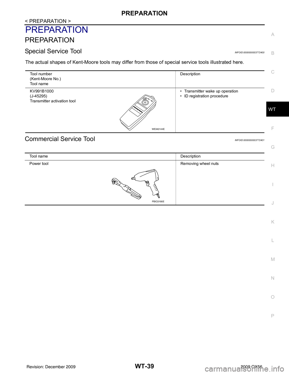 INFINITI QX56 2009  Factory Service Manual PREPARATIONWT-39
< PREPARATION >
C
DF
G H
I
J
K L
M A
B
WT
N
O P
PREPARATION
PREPARATION
Special Service ToolINFOID:0000000003772400
The actual shapes of Kent-Moore tools may differ from those of spec