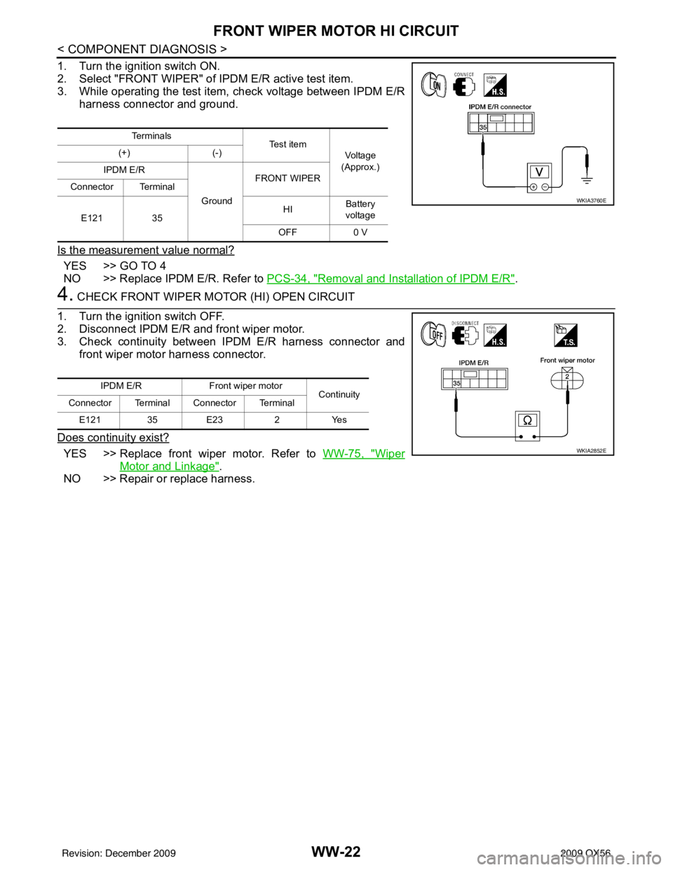 INFINITI QX56 2009  Factory Service Manual WW-22
< COMPONENT DIAGNOSIS >
FRONT WIPER MOTOR HI CIRCUIT
1. Turn the ignition switch ON.
2. Select "FRONT WIPER" of IPDM E/R active test item.
3. While operating the test item, check voltage between