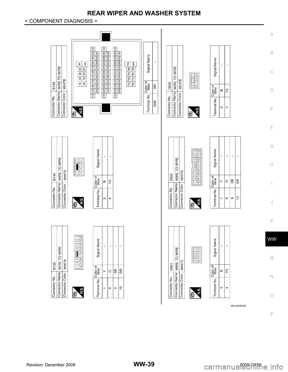 INFINITI QX56 2009  Factory Service Manual REAR WIPER AND WASHER SYSTEMWW-39
< COMPONENT DIAGNOSIS >
C
DE
F
G H
I
J
K
M A
B
WW
N
O P
ABLIA0280GB
Revision: December 20092009 QX56 