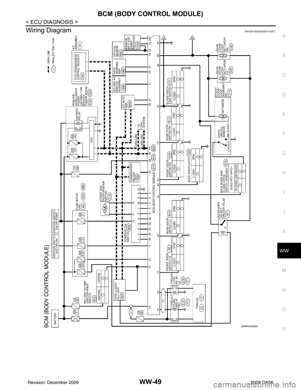 INFINITI QX56 2009  Factory Service Manual BCM (BODY CONTROL MODULE)WW-49
< ECU DIAGNOSIS >
C
DE
F
G H
I
J
K
M A
B
WW
N
O P
Wiring DiagramINFOID:0000000004115477
AAMWA0236GB
Revision: December 20092009 QX56 