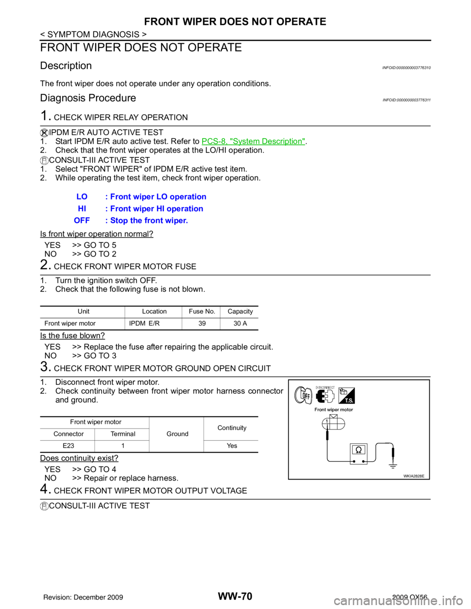 INFINITI QX56 2009 Factory Service Manual WW-70
< SYMPTOM DIAGNOSIS >
FRONT WIPER DOES NOT OPERATE
FRONT WIPER DOES NOT OPERATE
DescriptionINFOID:0000000003776310
The front wiper does not operate under any operation conditions.
Diagnosis Proc INFINITI QX56 2009 Factory Service Manual WW-70
< SYMPTOM DIAGNOSIS >
FRONT WIPER DOES NOT OPERATE
FRONT WIPER DOES NOT OPERATE
DescriptionINFOID:0000000003776310
The front wiper does not operate under any operation conditions.
Diagnosis Proc