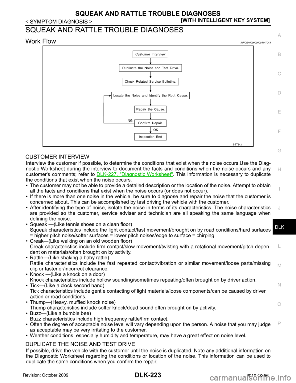 INFINITI QX56 2010  Factory Service Manual SQUEAK AND RATTLE TROUBLE DIAGNOSESDLK-223
< SYMPTOM DIAGNOSIS > [WITH INTELLIGENT KEY SYSTEM]
C
D
E
F
G H
I
J
L
M A
B
DLK
N
O P
SQUEAK AND RATTLE TROUBLE DIAGNOSES
Work FlowINFOID:0000000005147043
CU