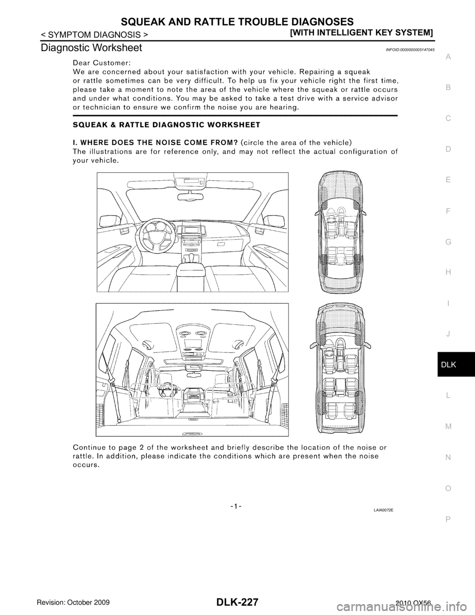 INFINITI QX56 2010  Factory Service Manual SQUEAK AND RATTLE TROUBLE DIAGNOSESDLK-227
< SYMPTOM DIAGNOSIS > [WITH INTELLIGENT KEY SYSTEM]
C
D
E
F
G H
I
J
L
M A
B
DLK
N
O P
Diagnostic WorksheetINFOID:0000000005147045
LAIA0072E
Revision: April 2