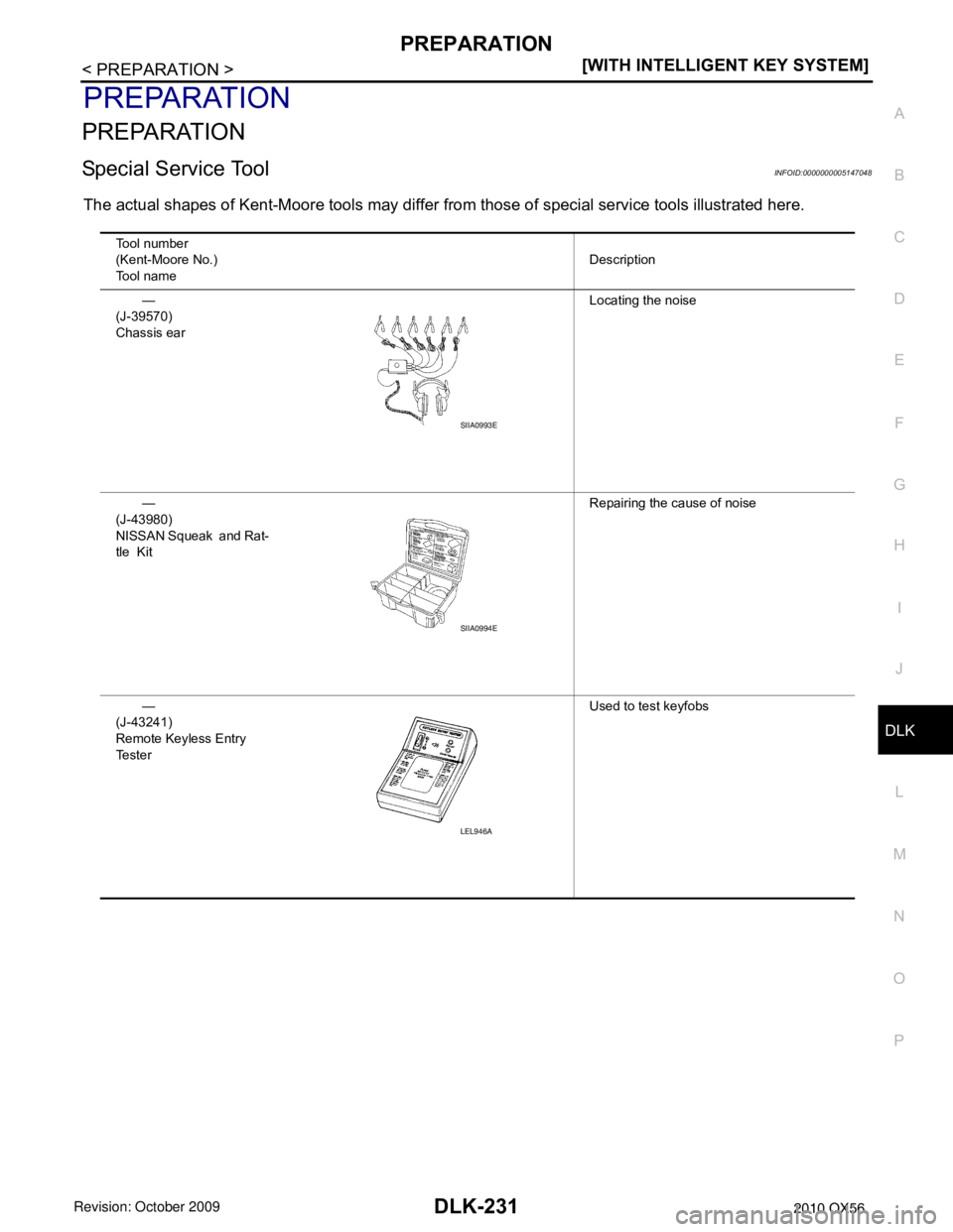 INFINITI QX56 2010  Factory Service Manual PREPARATIONDLK-231
< PREPARATION > [WITH INTELLIGENT KEY SYSTEM]
C
D
E
F
G H
I
J
L
M A
B
DLK
N
O P
PREPARATION
PREPARATION
Special Service ToolINFOID:0000000005147048
The actual shapes of Kent-Moore t