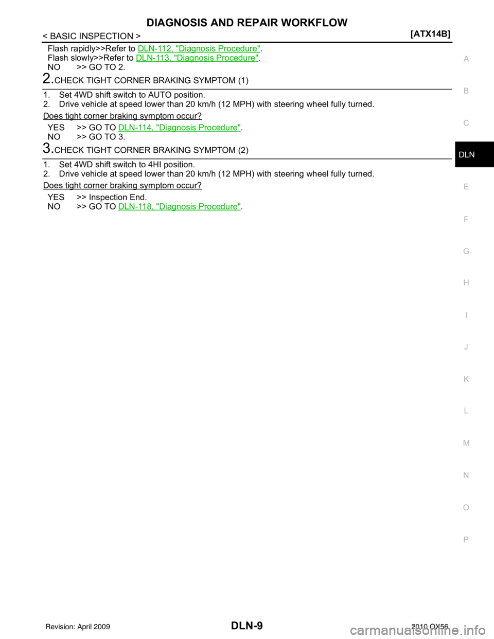 INFINITI QX56 2010  Factory Service Manual DIAGNOSIS AND REPAIR WORKFLOWDLN-9
< BASIC INSPECTION > [ATX14B]
C
EF
G H
I
J
K L
M A
B
DLN
N
O P
Flash rapidly>>Refer to  DLN-112, "Diagnosis Procedure".
Flash slowly>>Refer to  DLN-113, "
Diagnosis 