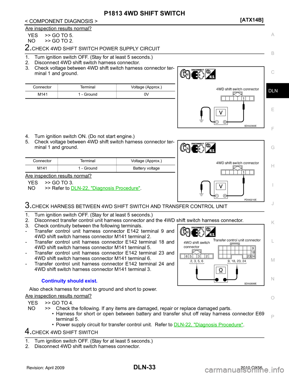 INFINITI QX56 2010  Factory Service Manual P1813 4WD SHIFT SWITCHDLN-33
< COMPONENT DIAGNOSIS > [ATX14B]
C
EF
G H
I
J
K L
M A
B
DLN
N
O P
Are inspection results normal?
YES  >> GO TO 5.
NO >> GO TO 2.
2.CHECK 4WD SHIFT SWITCH POWER SUPPLY CIRC