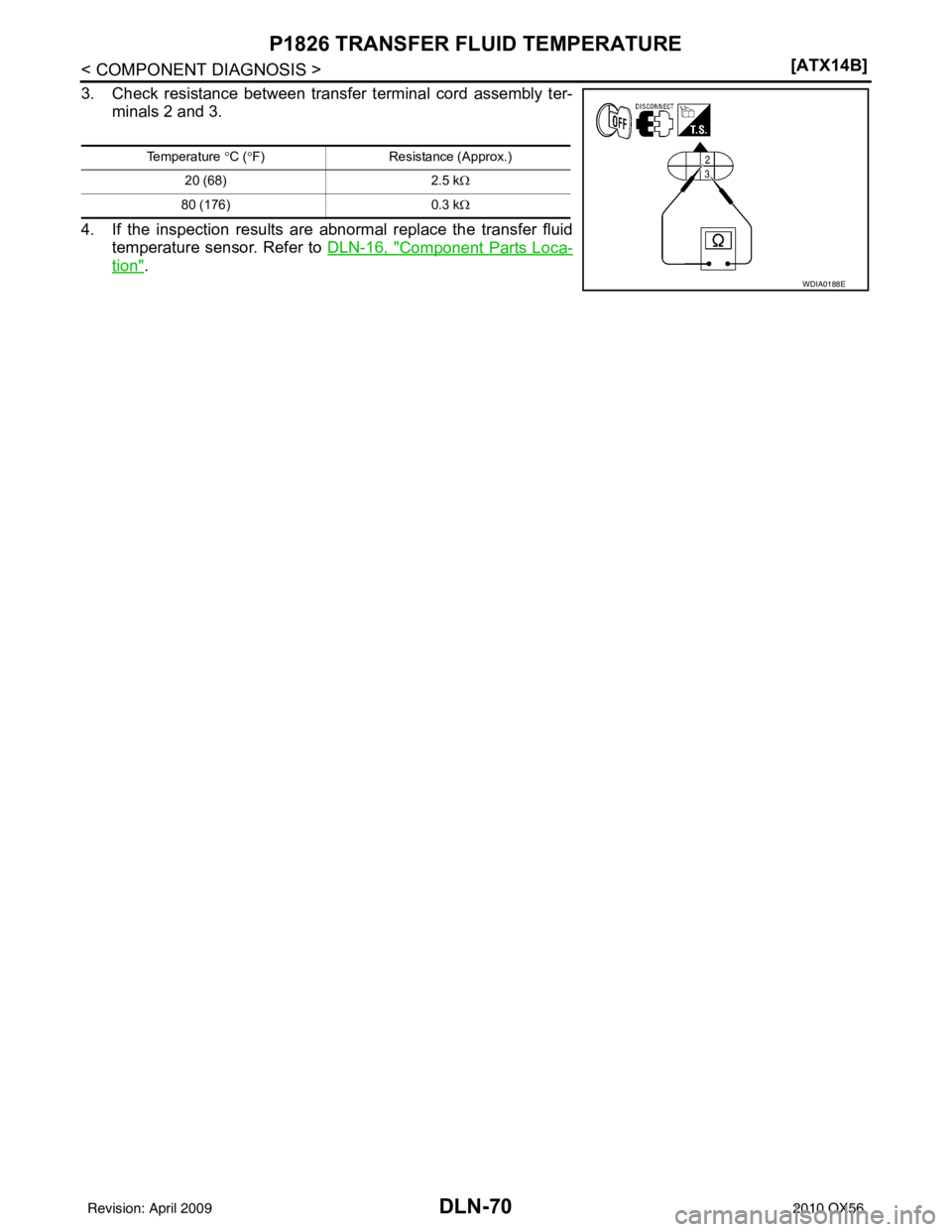 INFINITI QX56 2010  Factory Service Manual DLN-70
< COMPONENT DIAGNOSIS >[ATX14B]
P1826 TRANSFER FLUID TEMPERATURE
3. Check resistance between transfer terminal cord assembly ter-
minals 2 and 3.
4. If the inspection results are abnormal repla
