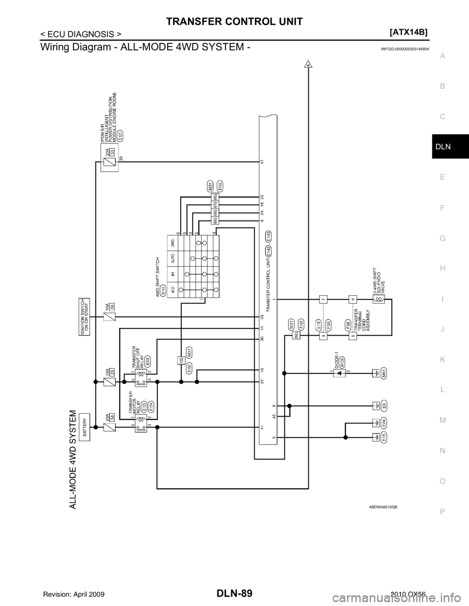 INFINITI QX56 2010  Factory Service Manual TRANSFER CONTROL UNITDLN-89
< ECU DIAGNOSIS > [ATX14B]
C
EF
G H
I
J
K L
M A
B
DLN
N
O P
Wiring Diagram - A LL-MODE 4WD SYSTEM -INFOID:0000000005148854
ABDWA0015GB
Revision: April 20092010 QX56 
