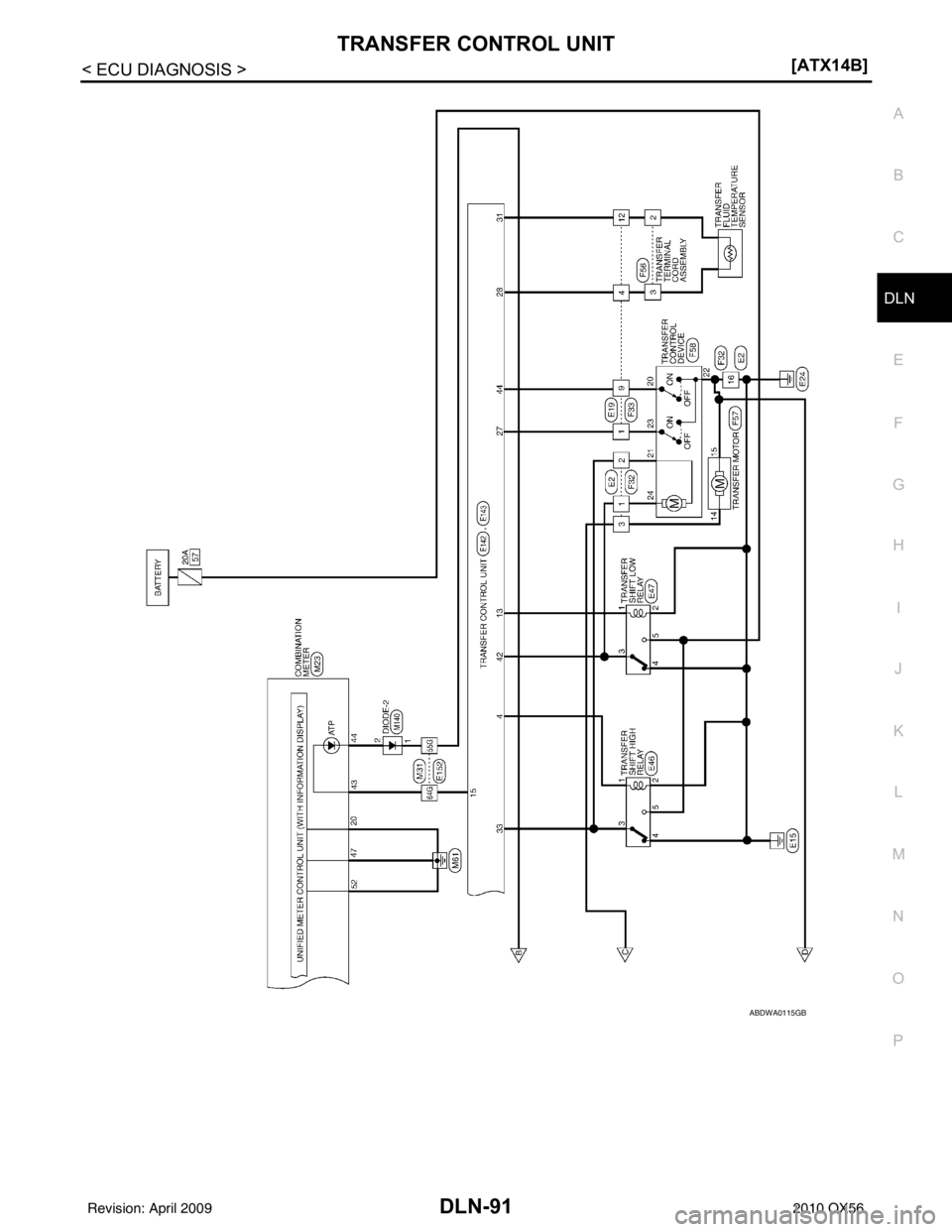 INFINITI QX56 2010  Factory Service Manual TRANSFER CONTROL UNITDLN-91
< ECU DIAGNOSIS > [ATX14B]
C
EF
G H
I
J
K L
M A
B
DLN
N
O P
ABDWA0115GB
Revision: April 20092010 QX56 