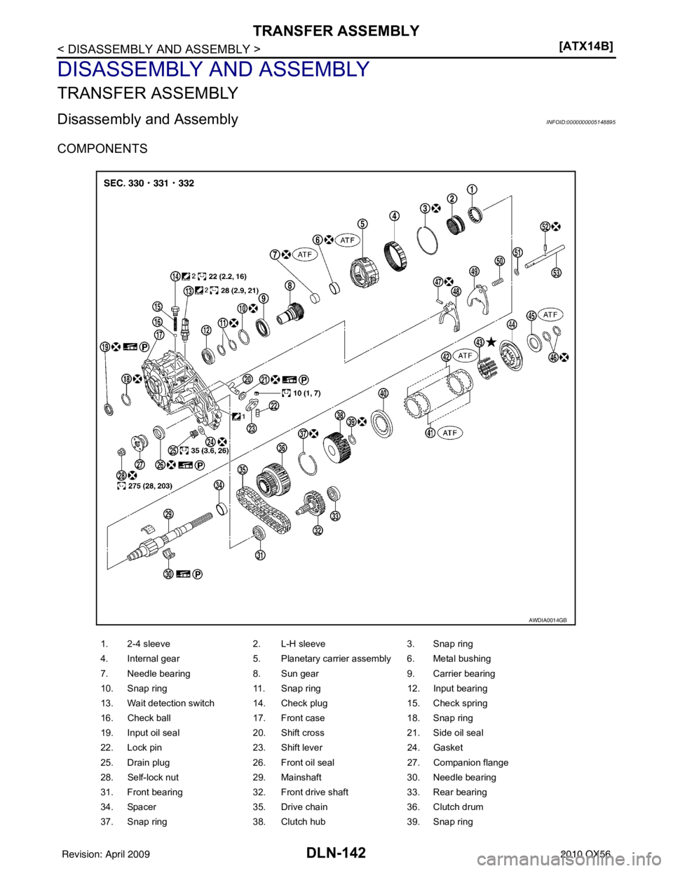 INFINITI QX56 2010  Factory Service Manual DLN-142
< DISASSEMBLY AND ASSEMBLY >[ATX14B]
TRANSFER ASSEMBLY
DISASSEMBLY AND ASSEMBLY
TRANSFER ASSEMBLY
Disassembly and AssemblyINFOID:0000000005148895
COMPONENTS
1. 2-4 sleeve
2. L-H sleeve 3. Snap