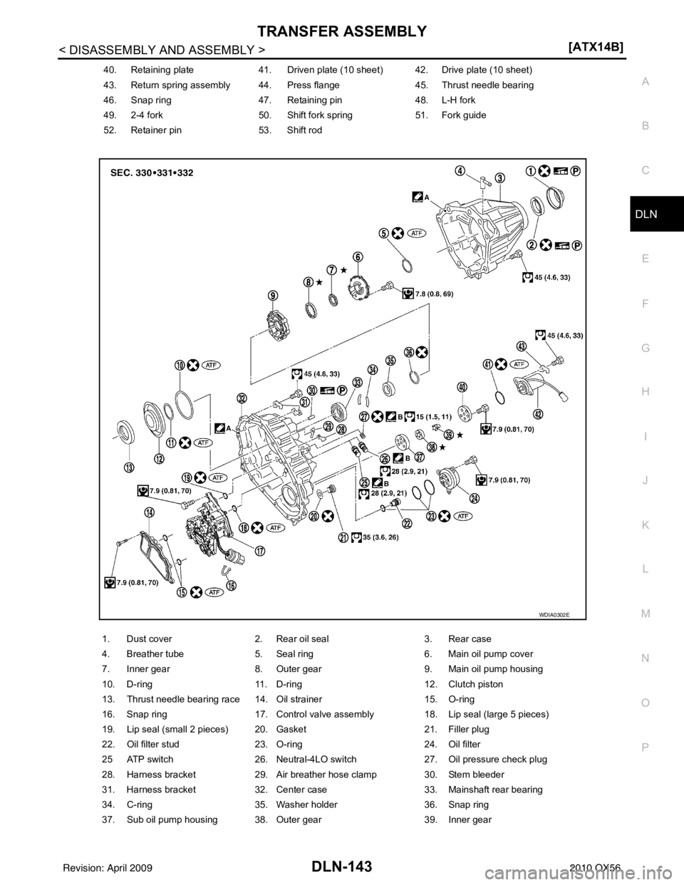 INFINITI QX56 2010  Factory Service Manual TRANSFER ASSEMBLYDLN-143
< DISASSEMBLY AND ASSEMBLY > [ATX14B]
C
EF
G H
I
J
K L
M A
B
DLN
N
O P
40. Retaining plate 41. Driven plate (10 sheet) 42. Drive plate (10 sheet)
43. Return spring assembly 44
