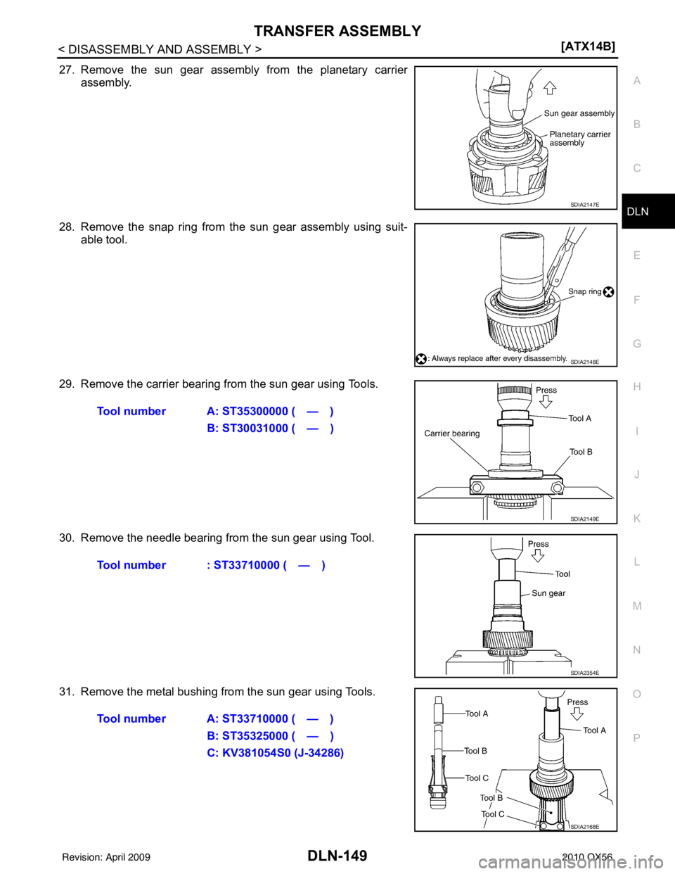 INFINITI QX56 2010  Factory Service Manual TRANSFER ASSEMBLYDLN-149
< DISASSEMBLY AND ASSEMBLY > [ATX14B]
C
EF
G H
I
J
K L
M A
B
DLN
N
O P
27. Remove the sun gear assembly from the planetary carrier assembly.
28. Remove the snap ring from the 