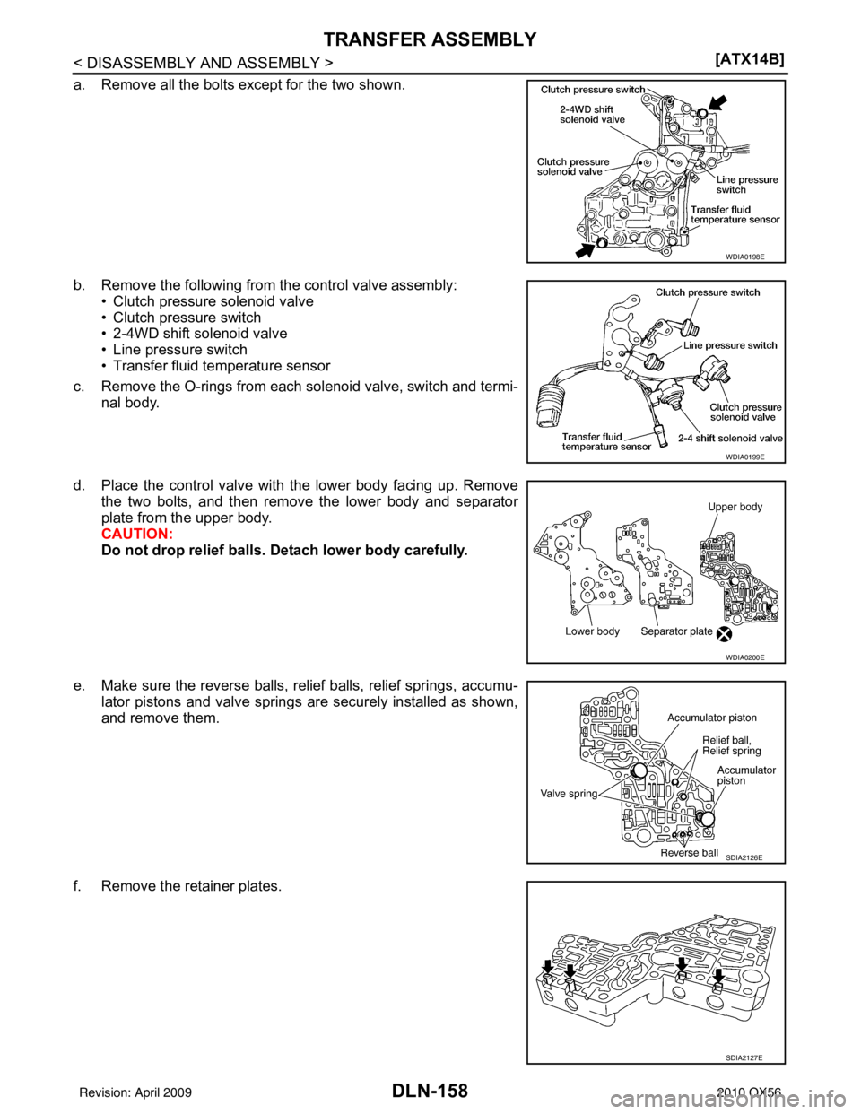INFINITI QX56 2010  Factory Service Manual DLN-158
< DISASSEMBLY AND ASSEMBLY >[ATX14B]
TRANSFER ASSEMBLY
a. Remove all the bolts except for the two shown.
b. Remove the following from the control valve assembly:
• Clutch pressure solenoid v