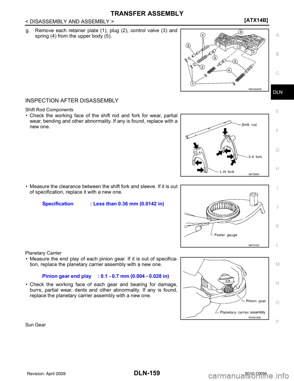INFINITI QX56 2010  Factory Service Manual TRANSFER ASSEMBLYDLN-159
< DISASSEMBLY AND ASSEMBLY > [ATX14B]
C
EF
G H
I
J
K L
M A
B
DLN
N
O P
g. Remove each retainer plate (1), plug (2), control valve (3) and spring (4) from the upper body (5).
I