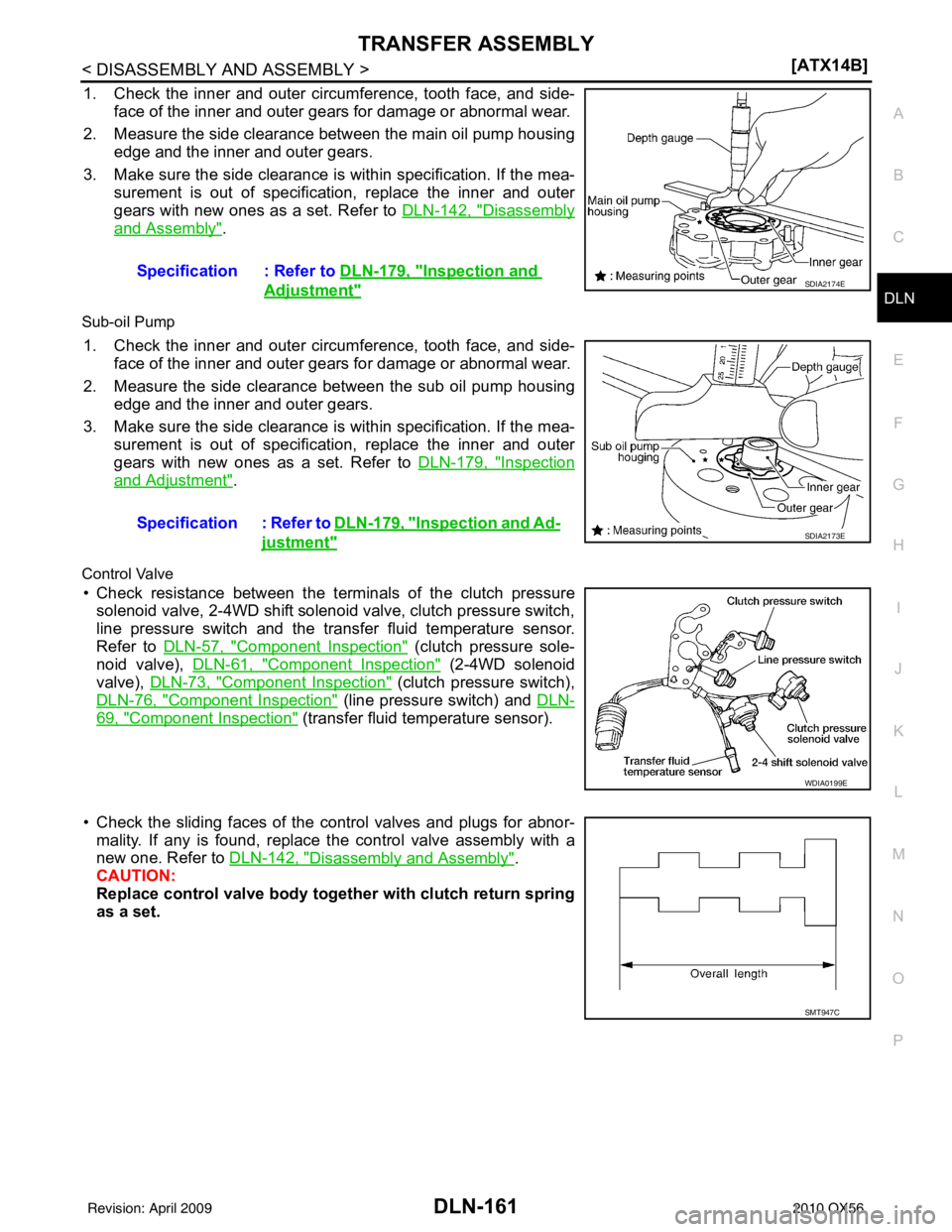 INFINITI QX56 2010  Factory Service Manual TRANSFER ASSEMBLYDLN-161
< DISASSEMBLY AND ASSEMBLY > [ATX14B]
C
EF
G H
I
J
K L
M A
B
DLN
N
O P
1. Check the inner and outer circumference, tooth face, and side- face of the inner and outer gears for 