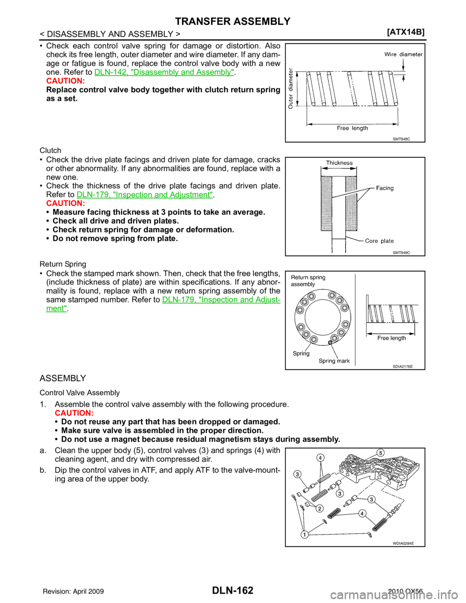 INFINITI QX56 2010  Factory Service Manual DLN-162
< DISASSEMBLY AND ASSEMBLY >[ATX14B]
TRANSFER ASSEMBLY
• Check each control valve spring for damage or distortion. Also
check its free length, outer diameter and wire diameter. If any dam-
a