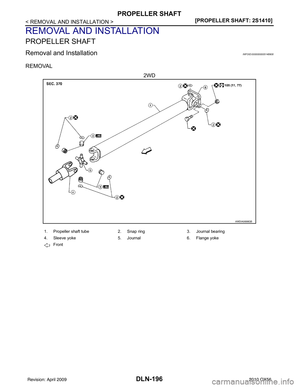 INFINITI QX56 2010  Factory Service Manual DLN-196
< REMOVAL AND INSTALLATION >[PROPELLER SHAFT: 2S1410]
PROPELLER SHAFT
REMOVAL AND INSTALLATION
PROPELLER SHAFT
Removal and InstallationINFOID:0000000005148908
REMOVAL
2WD
AWDIA0698GB
1. Propel