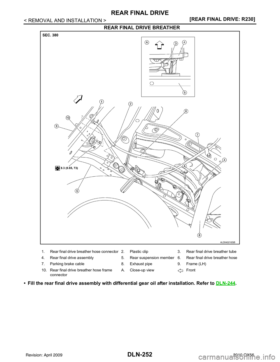 INFINITI QX56 2010  Factory Service Manual DLN-252
< REMOVAL AND INSTALLATION >[REAR FINAL DRIVE: R230]
REAR FINAL DRIVE
REAR FINAL DRIVE BREATHER
• Fill the rear final drive assembl
y with differential gear oil after installation. Refer to 