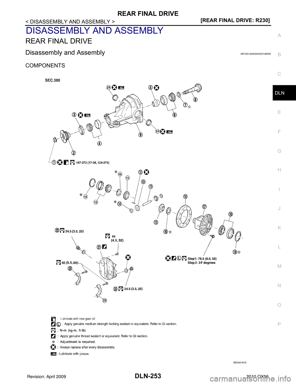 INFINITI QX56 2010  Factory Service Manual REAR FINAL DRIVEDLN-253
< DISASSEMBLY AND ASSEMBLY > [REAR FINAL DRIVE: R230]
C
EF
G H
I
J
K L
M A
B
DLN
N
O P
DISASSEMBLY AND ASSEMBLY
REAR FINAL DRIVE
Disassembly and AssemblyINFOID:0000000005148936
