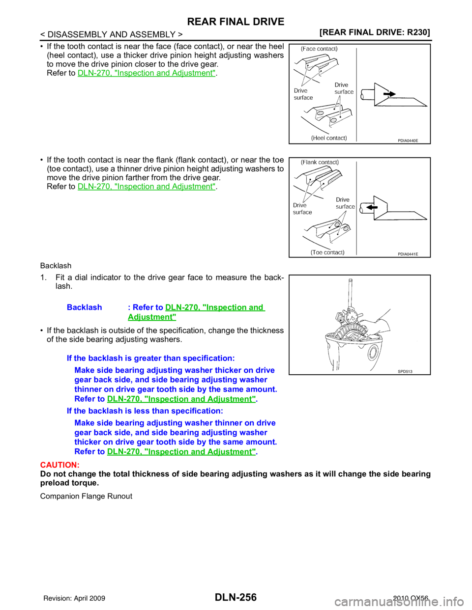 INFINITI QX56 2010  Factory Service Manual DLN-256
< DISASSEMBLY AND ASSEMBLY >[REAR FINAL DRIVE: R230]
REAR FINAL DRIVE
• If the tooth contact is near the face (face contact), or near the heel
(heel contact), use a thicker drive pinion heig