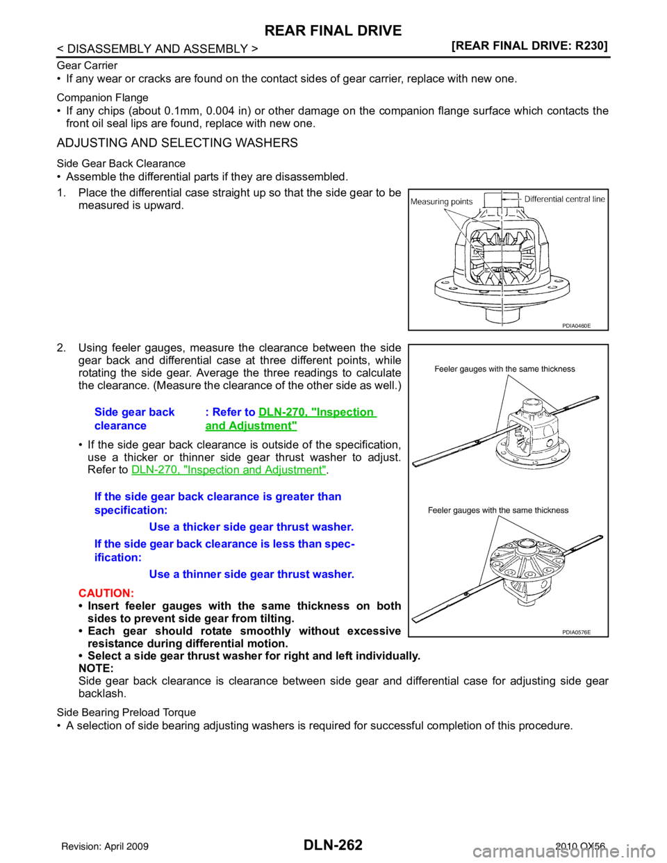 INFINITI QX56 2010  Factory Service Manual DLN-262
< DISASSEMBLY AND ASSEMBLY >[REAR FINAL DRIVE: R230]
REAR FINAL DRIVE
Gear Carrier
• If any wear or cracks are found on the contact sides of gear carrier, replace with new one.
Companion Fla