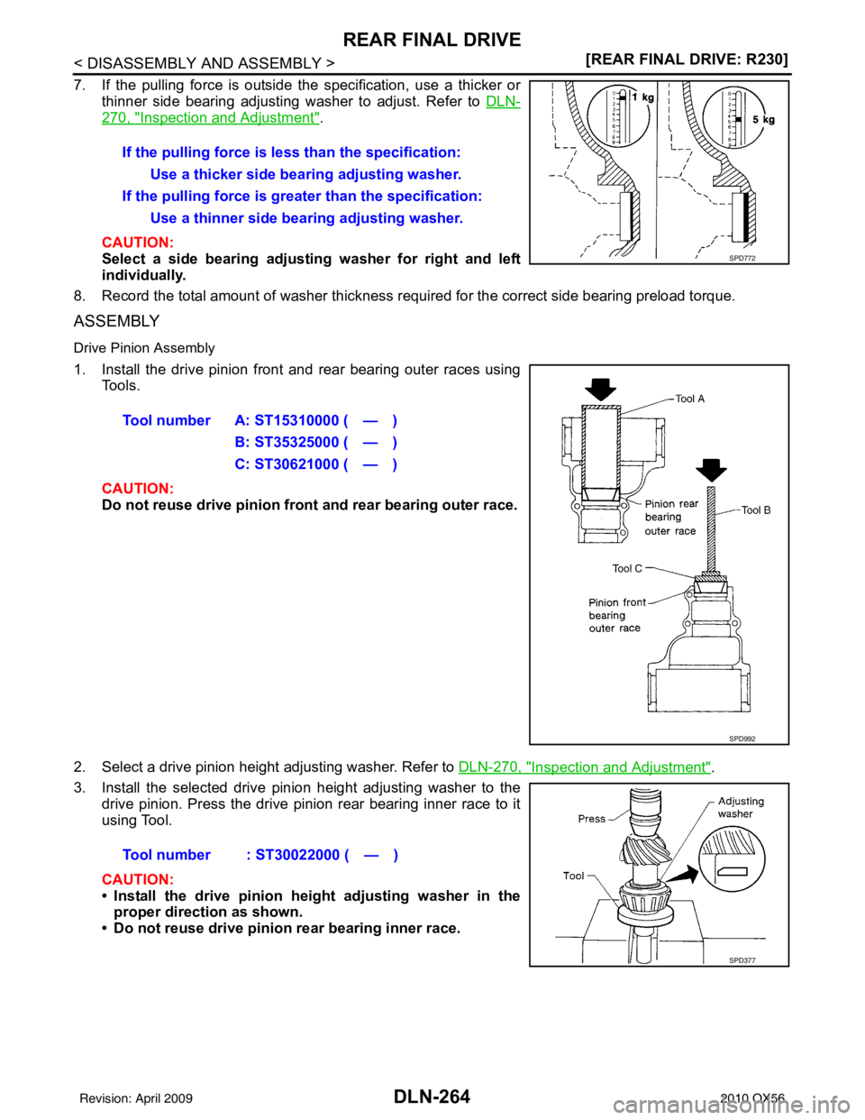 INFINITI QX56 2010  Factory Service Manual DLN-264
< DISASSEMBLY AND ASSEMBLY >[REAR FINAL DRIVE: R230]
REAR FINAL DRIVE
7. If the pulling force is outside the specification, use a thicker or
thinner side bearing adjusting washer to adjust. Re