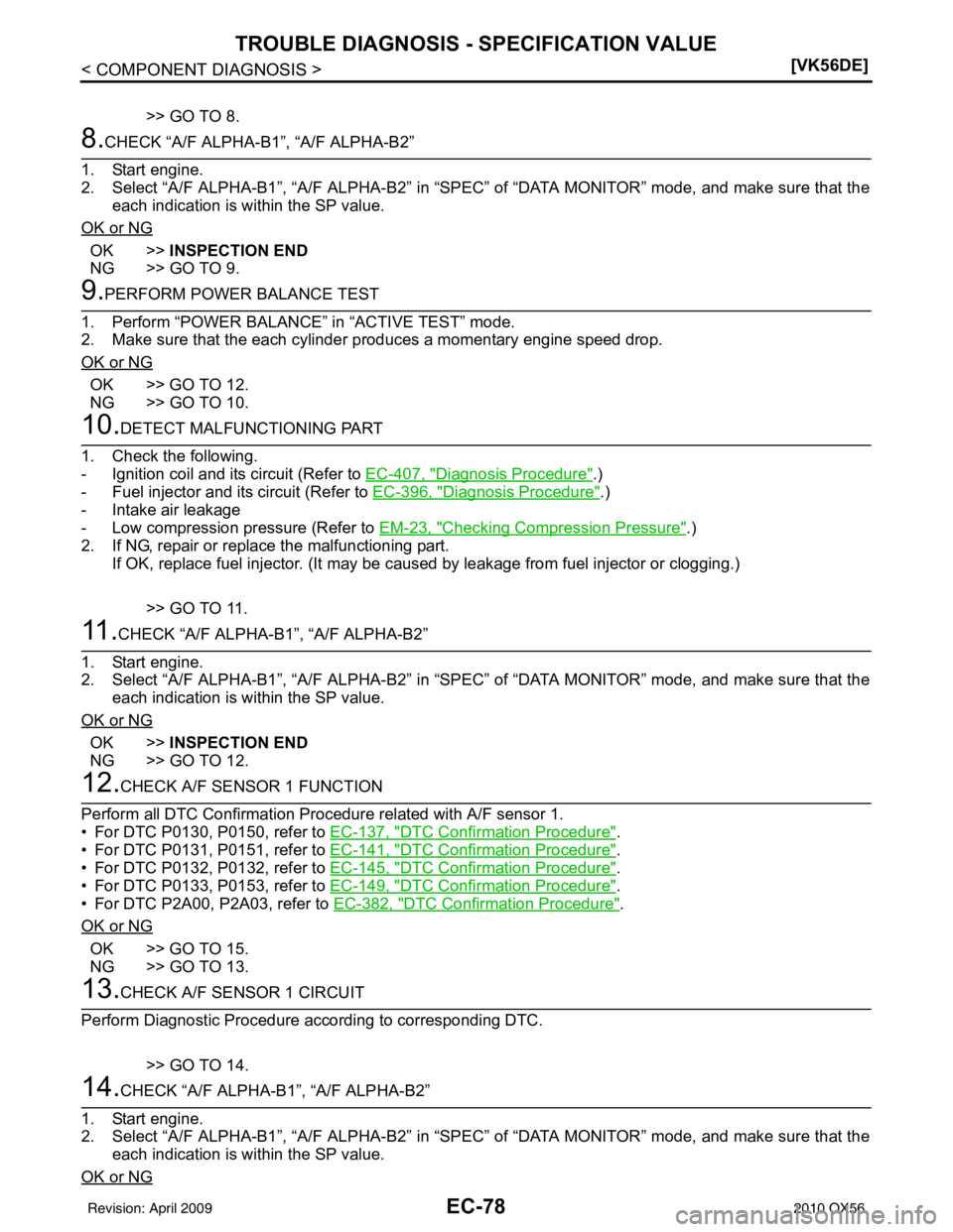 INFINITI QX56 2010  Factory Service Manual EC-78
< COMPONENT DIAGNOSIS >[VK56DE]
TROUBLE DIAGNOSIS - SPECIFICATION VALUE
>> GO TO 8.
8.CHECK “A/F ALPHA-B1”, “A/F ALPHA-B2”
1. Start engine.
2. Select “A/F ALPHA-B1”, “A/F AL PHA-B2