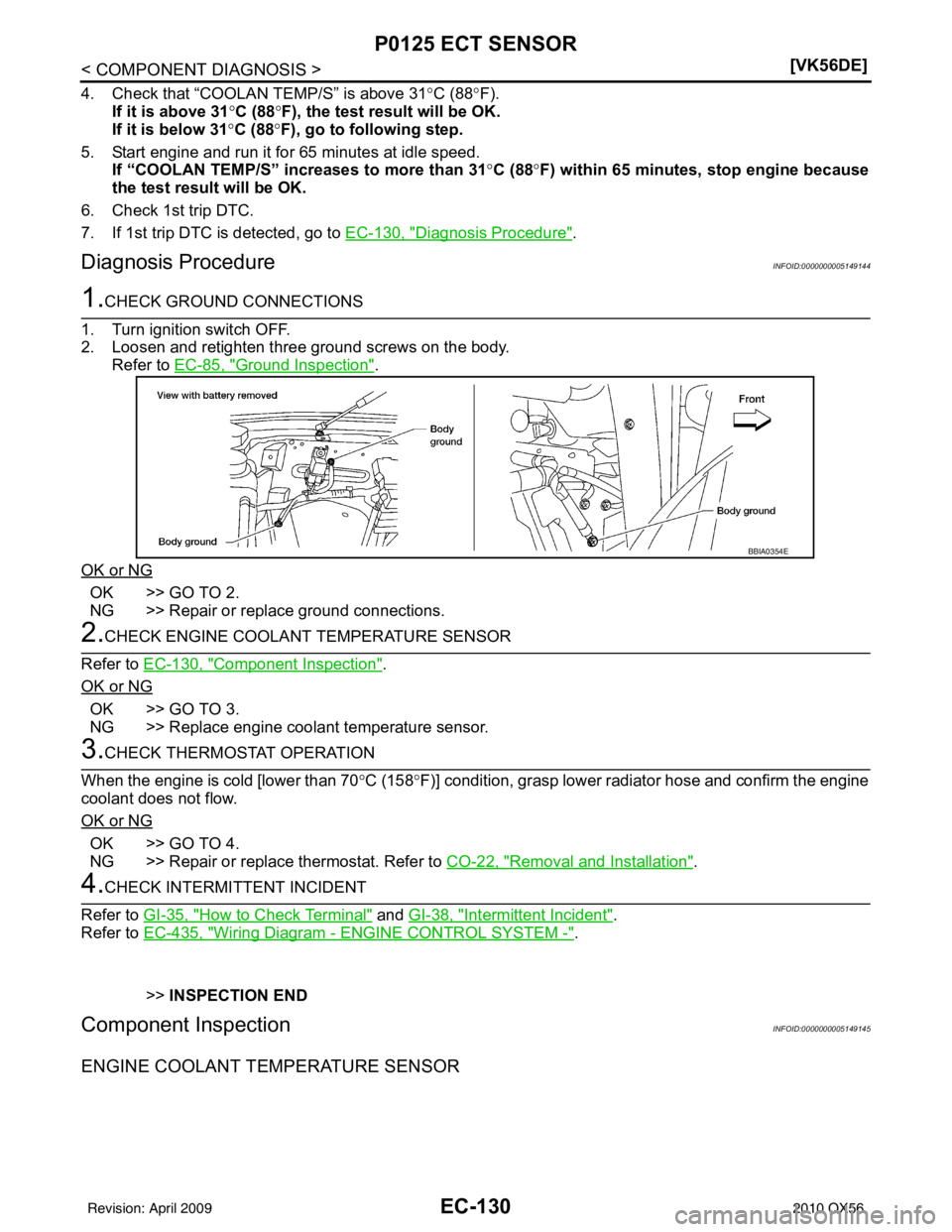 INFINITI QX56 2010  Factory Service Manual EC-130
< COMPONENT DIAGNOSIS >[VK56DE]
P0125 ECT SENSOR
4. Check that “COOLAN TEMP/S” is above 31
°C (88° F).
If it is above 31° C (88°F), the test result will be OK.
If it is below 31 °C (88