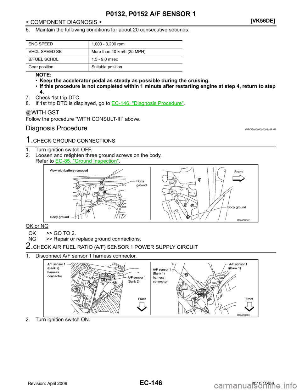 INFINITI QX56 2010  Factory Service Manual EC-146
< COMPONENT DIAGNOSIS >[VK56DE]
P0132, P0152 A/F SENSOR 1
6. Maintain the following conditions for about 20 consecutive seconds.
NOTE:
•Keep the accelerator pedal as steady  as possible durin