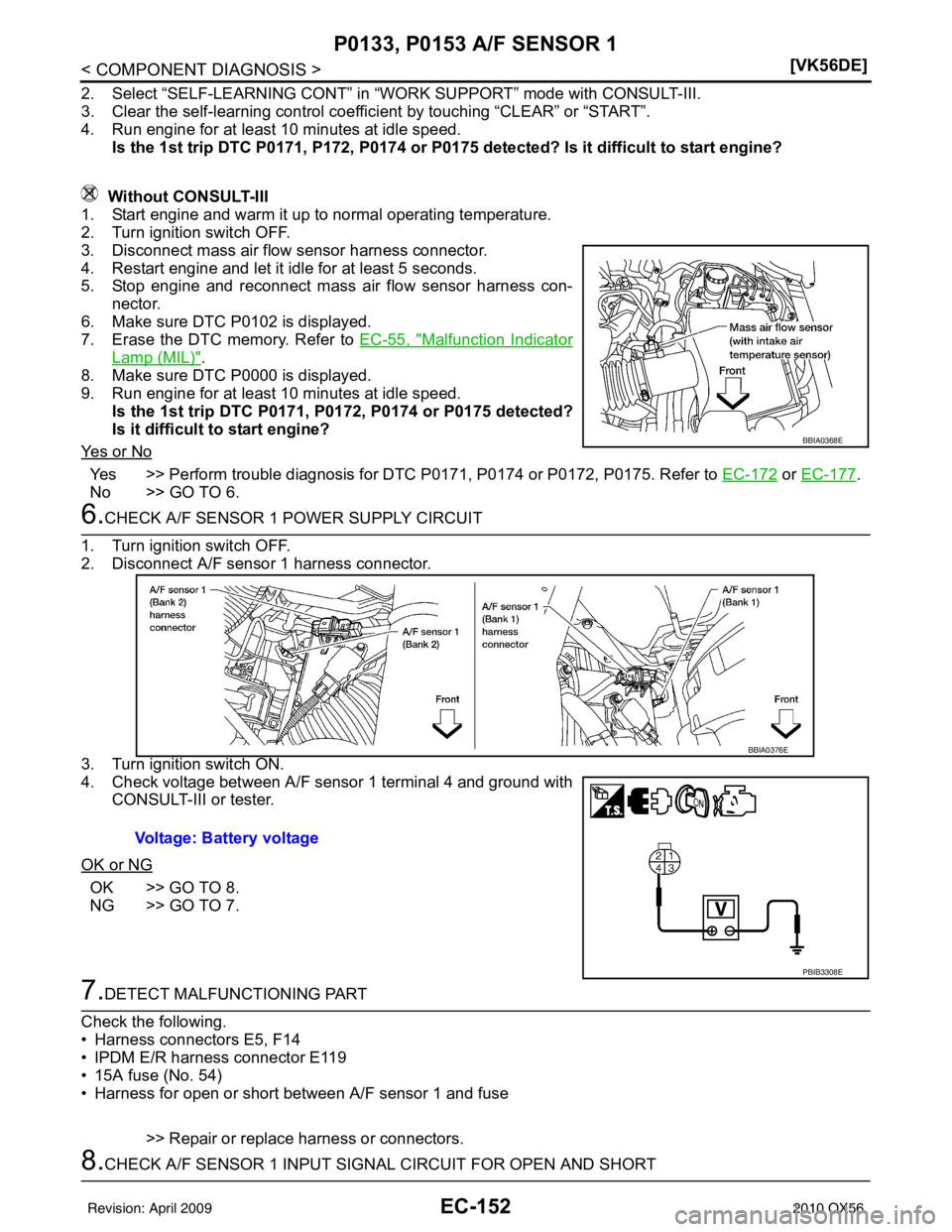 INFINITI QX56 2010  Factory Service Manual EC-152
< COMPONENT DIAGNOSIS >[VK56DE]
P0133, P0153 A/F SENSOR 1
2. Select “SELF-LEARNING CONT” in 
“WORK SUPPORT” mode with CONSULT-III.
3. Clear the self-learning control coeffi cient by tou