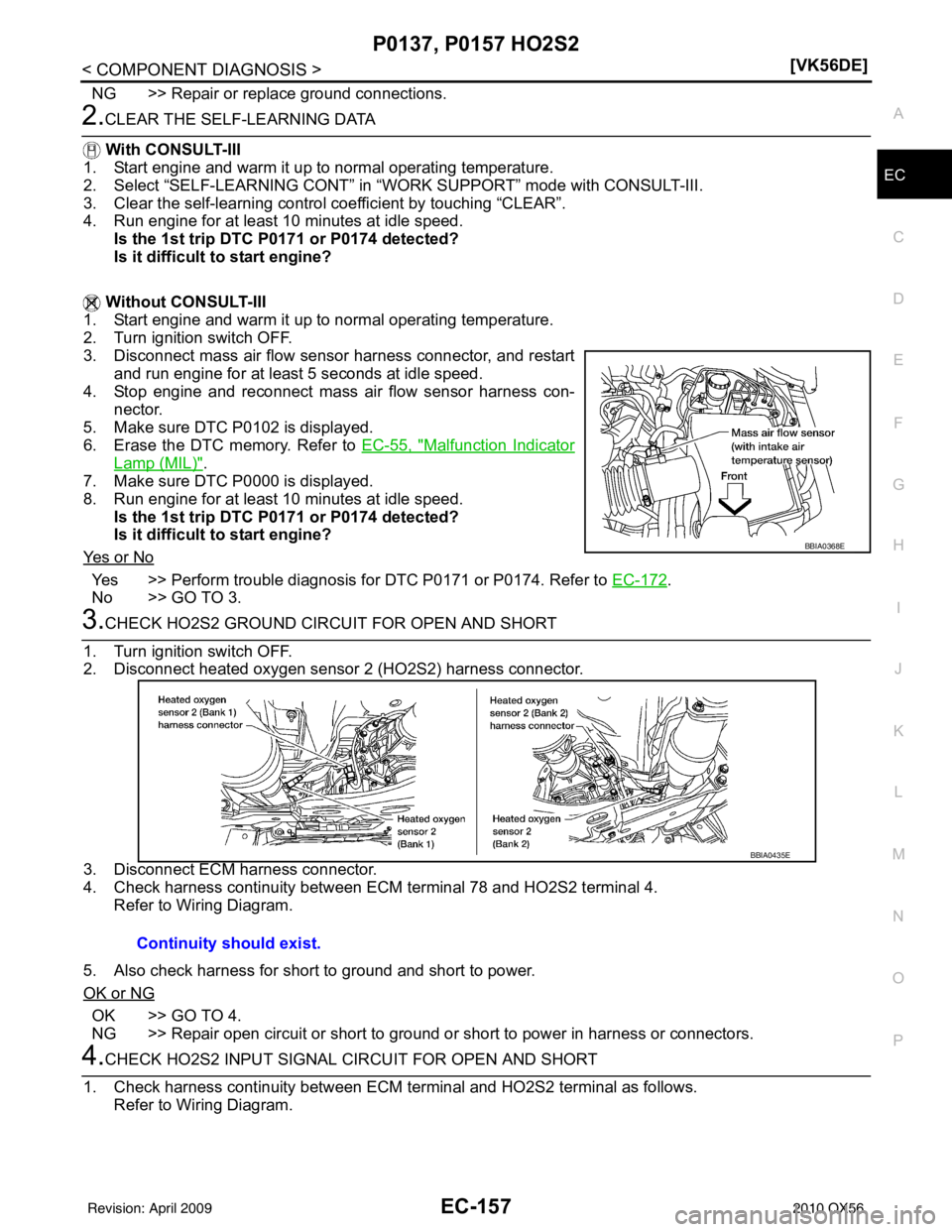 INFINITI QX56 2010  Factory Service Manual P0137, P0157 HO2S2EC-157
< COMPONENT DIAGNOSIS > [VK56DE]
C
D
E
F
G H
I
J
K L
M A
EC
NP
O
NG >> Repair or replace ground connections.
2.CLEAR THE SELF-LEARNING DATA
  With CONSULT-III
1. Start engine 