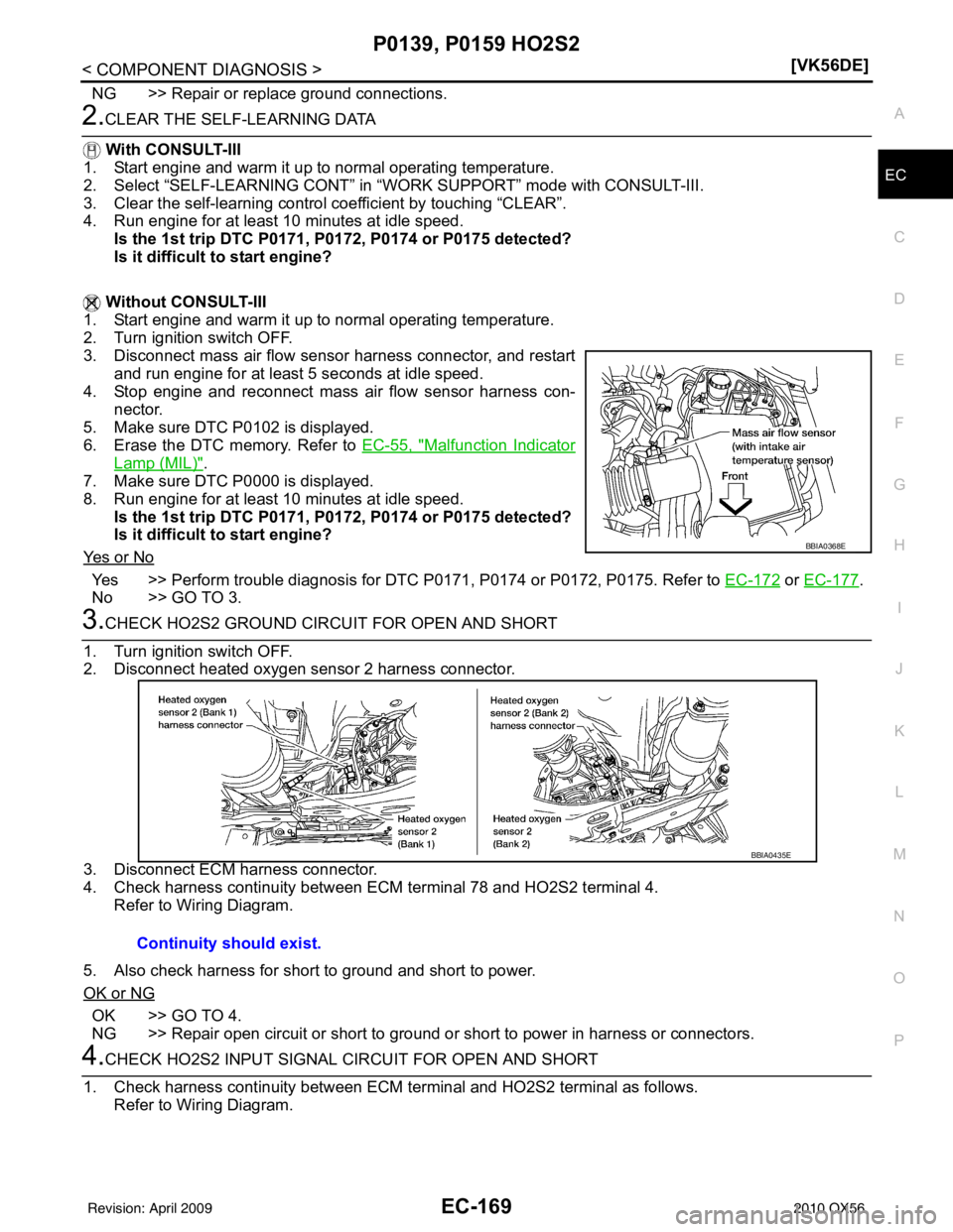 INFINITI QX56 2010  Factory Service Manual P0139, P0159 HO2S2EC-169
< COMPONENT DIAGNOSIS > [VK56DE]
C
D
E
F
G H
I
J
K L
M A
EC
NP
O
NG >> Repair or replace ground connections.
2.CLEAR THE SELF-LEARNING DATA
  With CONSULT-III
1. Start engine 