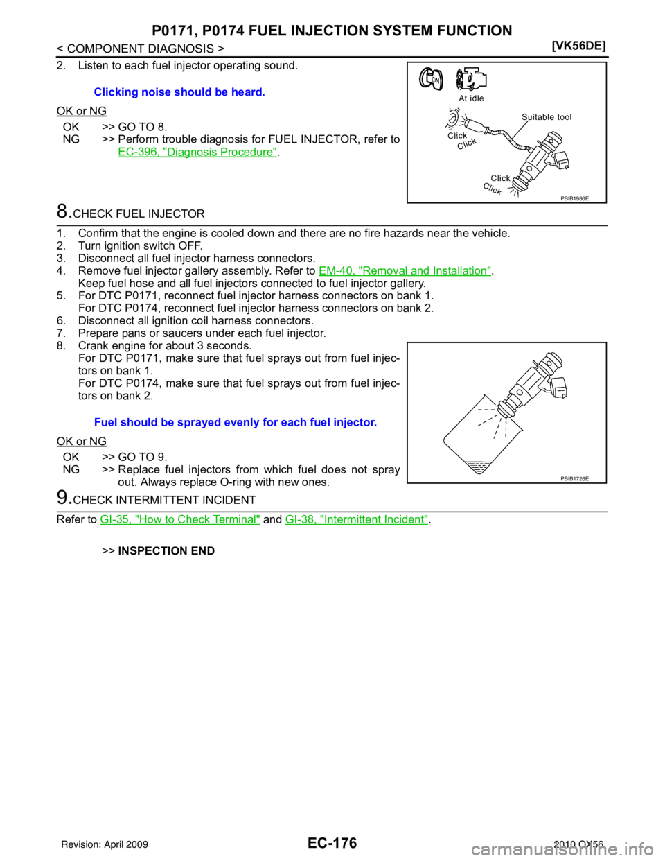 INFINITI QX56 2010  Factory Service Manual EC-176
< COMPONENT DIAGNOSIS >[VK56DE]
P0171, P0174 FUEL INJECTION SYSTEM FUNCTION
2. Listen to each fuel injector operating sound.
OK or NG
OK >> GO TO 8.
NG >> Perform trouble diagnosis for FUEL INJ