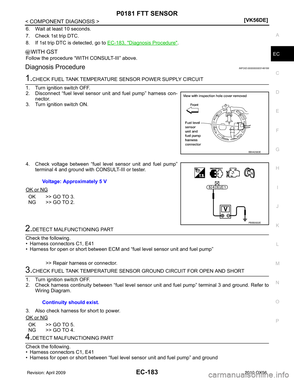 INFINITI QX56 2010  Factory Service Manual P0181 FTT SENSOREC-183
< COMPONENT DIAGNOSIS > [VK56DE]
C
D
E
F
G H
I
J
K L
M A
EC
NP
O
6. Wait at least 10 seconds.
7. Check 1st trip DTC.
8. If 1st trip DTC is detected, go to 
EC-183, "
Diagnosis P