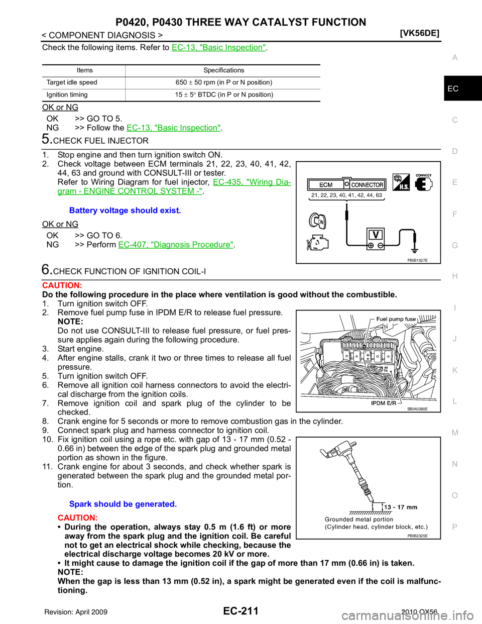 INFINITI QX56 2010  Factory Service Manual P0420, P0430 THREE WAY CATALYST FUNCTIONEC-211
< COMPONENT DIAGNOSIS > [VK56DE]
C
D
E
F
G H
I
J
K L
M A
EC
NP
O
Check the following items. Refer to 
EC-13, "Basic Inspection".
OK or NG
OK >> GO TO 5.
