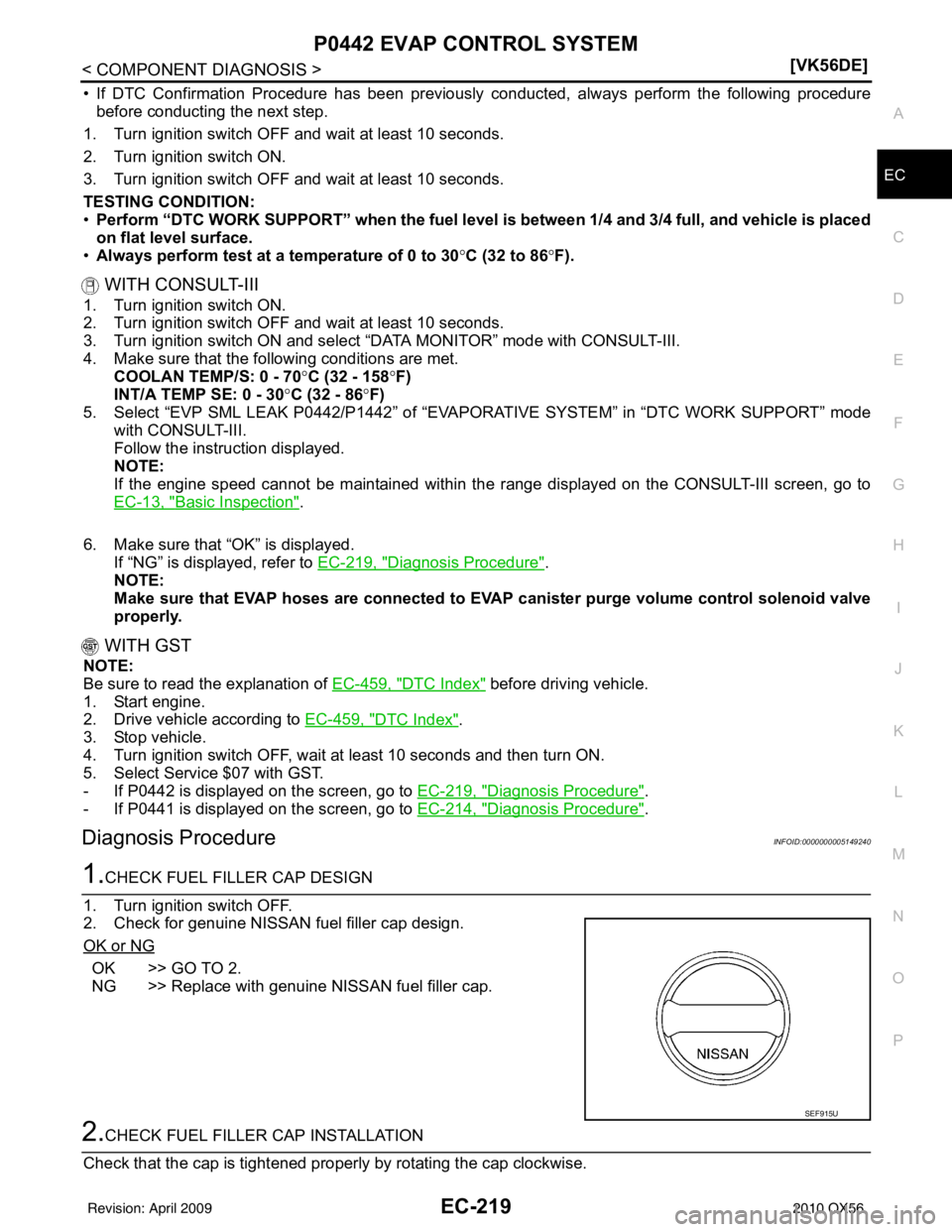 INFINITI QX56 2010  Factory Service Manual P0442 EVAP CONTROL SYSTEMEC-219
< COMPONENT DIAGNOSIS > [VK56DE]
C
D
E
F
G H
I
J
K L
M A
EC
NP
O
• If DTC Confirmation Procedure has been previously conducted, always perform the following procedure
