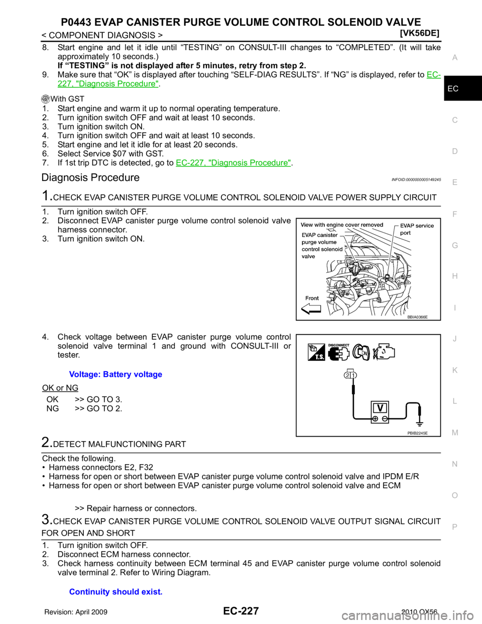 INFINITI QX56 2010  Factory Service Manual P0443 EVAP CANISTER PURGE VOLUME CONTROL SOLENOID VALVE
EC-227
< COMPONENT DIAGNOSIS > [VK56DE]
C
D
E
F
G H
I
J
K L
M A
EC
NP
O
8. Start engine and let it idle until “TESTING” on CONSULT-III chang