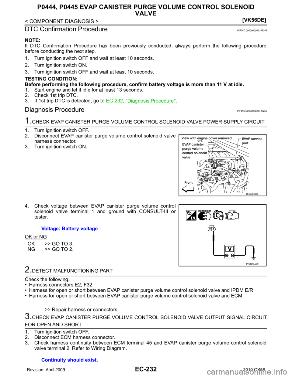INFINITI QX56 2010  Factory Service Manual EC-232
< COMPONENT DIAGNOSIS >[VK56DE]
P0444, P0445 EVAP CANISTER P
URGE VOLUME CONTROL SOLENOID 
VALVE
DTC Confirmation Procedure
INFOID:0000000005149249
NOTE:
If DTC Confirmation Procedure has been 