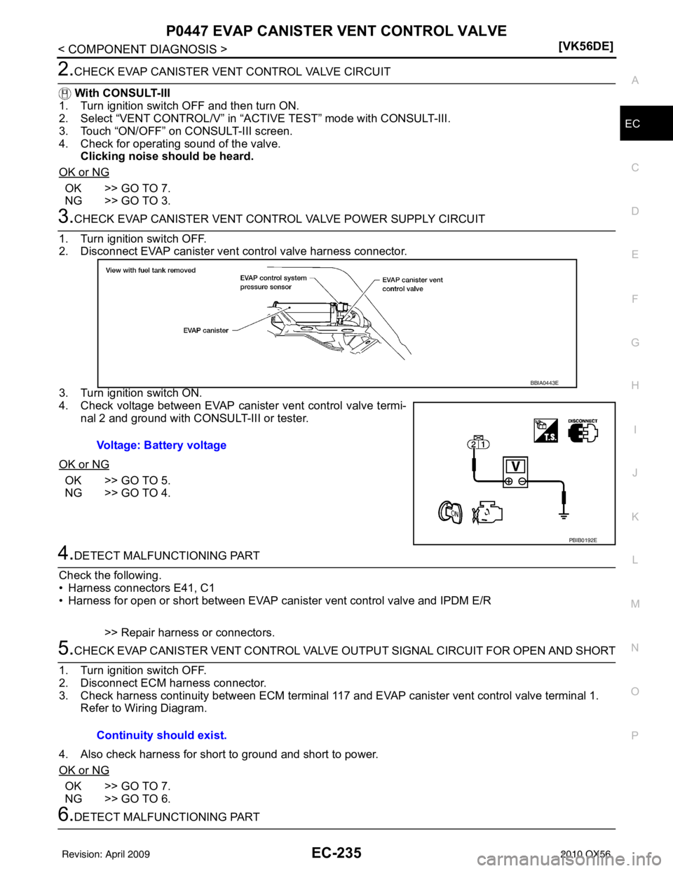 INFINITI QX56 2010  Factory Service Manual P0447 EVAP CANISTER VENT CONTROL VALVEEC-235
< COMPONENT DIAGNOSIS > [VK56DE]
C
D
E
F
G H
I
J
K L
M A
EC
NP
O
2.CHECK EVAP CANISTER VENT CONTROL VALVE CIRCUIT
  With CONSULT-III
1. Turn ignition switc
