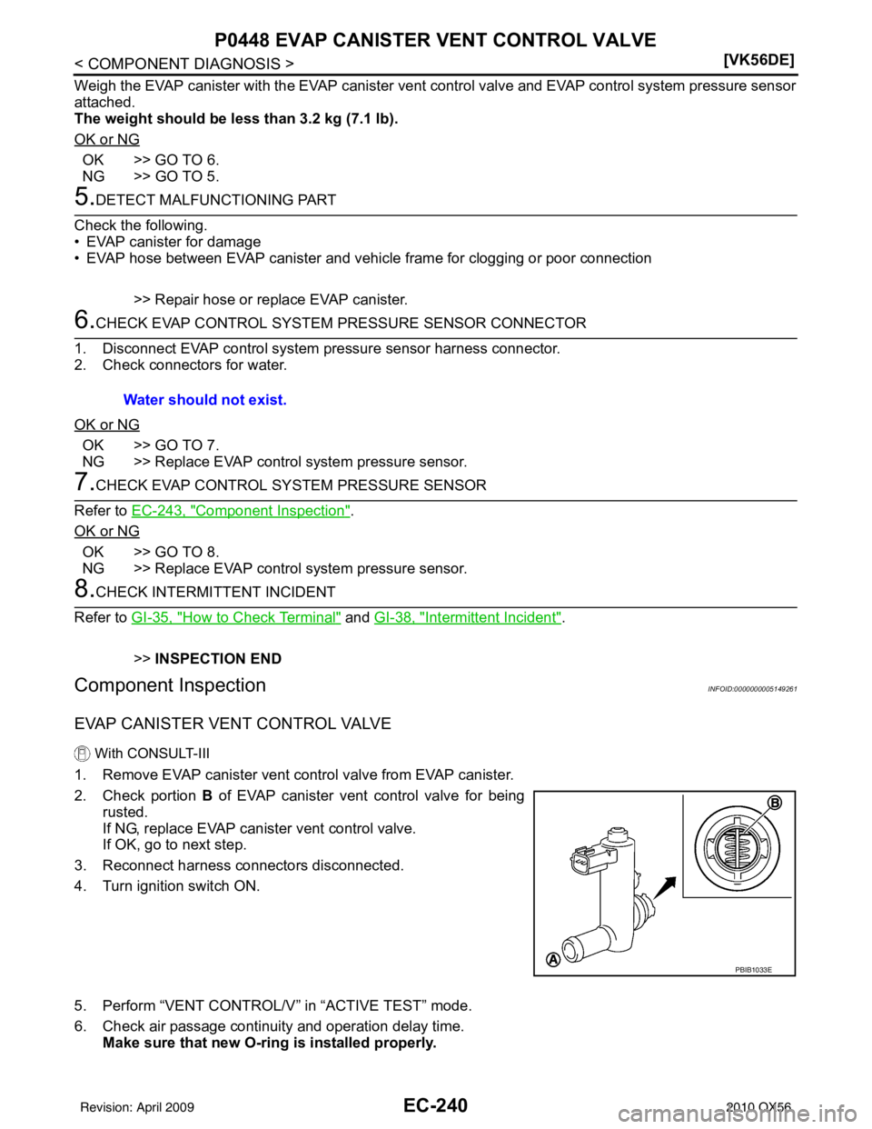 INFINITI QX56 2010  Factory Service Manual EC-240
< COMPONENT DIAGNOSIS >[VK56DE]
P0448 EVAP CANISTER VENT CONTROL VALVE
Weigh the EVAP canister with the EVAP canister vent
 control valve and EVAP control system pressure sensor
attached.
The w